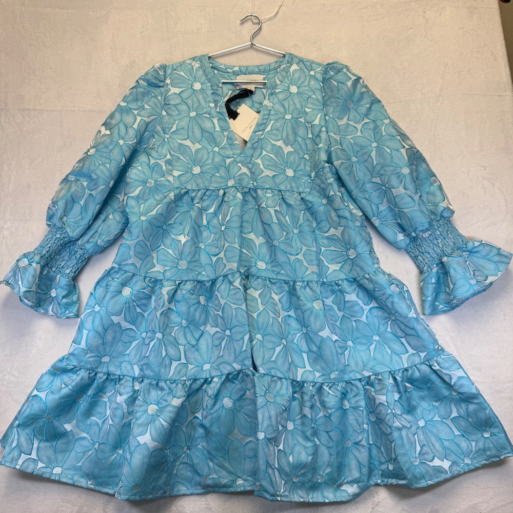 Pomander Place Blue Floral Jacquard Tiered Mini Dress Smocked Cuffs NWT L‎